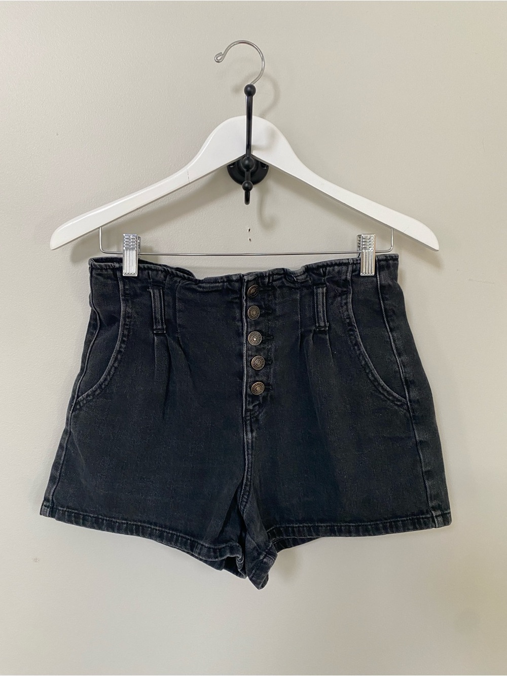 American Eagle Outfitters High-Waist Black Denim Paperbag Shorts